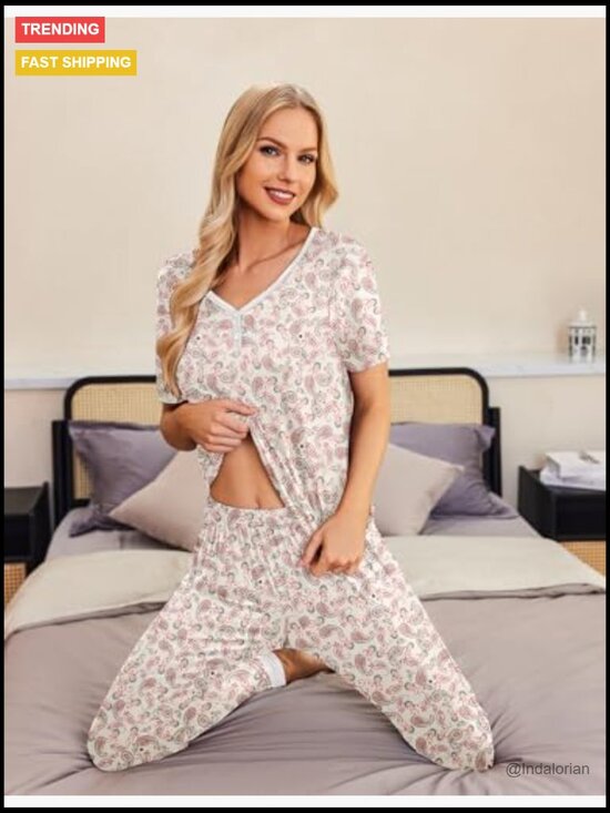 Polyester Spandex Pajama Set with Pockets V-Neck Short Sleeve - Picture 2 of 7